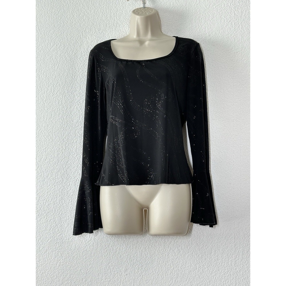 Y2k JRS XL Black Shimmer Blouse Top Flare Sleeves Fairy Whimsigoth Grunge